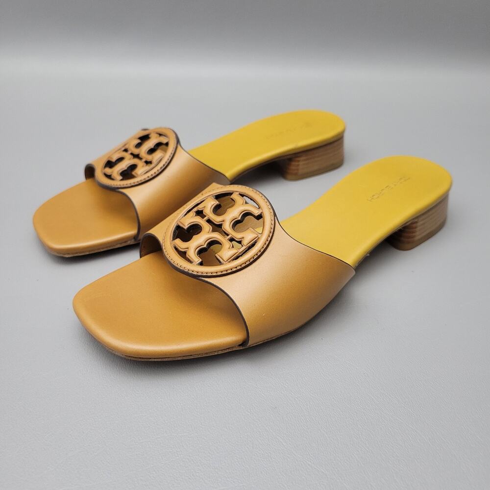 $298 TORY BURCH Bombe Miller Slide Leather Sandal Carmel Brown Size 7.5 M